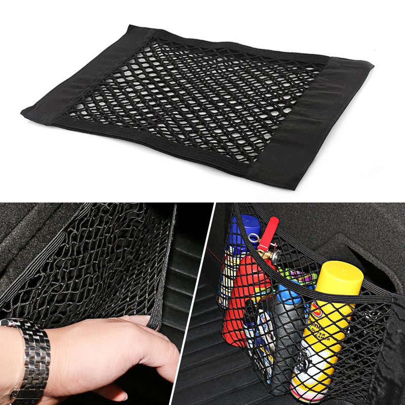 Car Rear Seat Storage Bag Trunk Mesh Auto Organizer Double-deck Elastic String Net Magic Sticker Pocket Bag Car Trunk Organizer