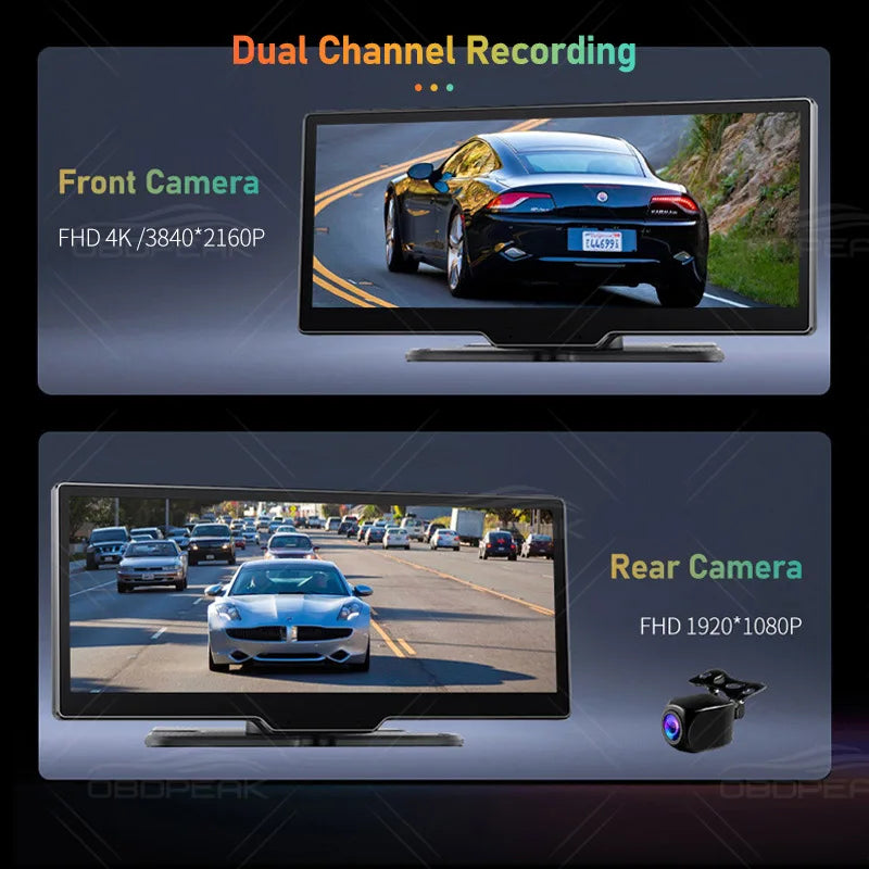 10.26" 4K Dash Cam Rearview Mirror Camera Wifi Carplay & Android Auto Dual Lens Car DVR Video Recorder GPS Park AUX