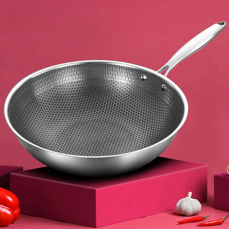 32cm Kitchen Wok Pan Uncoated Fying Pan 7-layer stainless Steel Forging For Electric, Induction and Gas Stoves Healthy Cookware