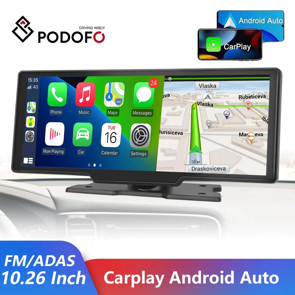 Podofo 10.26" Dash Cam Rearview Camera Carplay & Android Auto Smart Player With Voice Control Car DVR BT FM Mirror Monitor