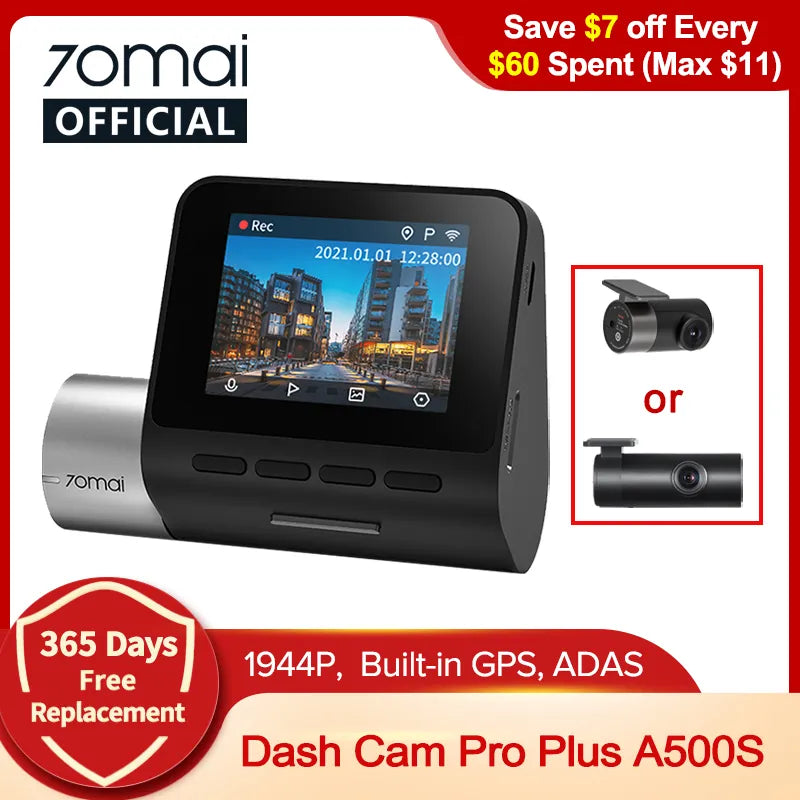 70mai Dash Cam Pro Plus A500S 1944P ADAS GPS Camera 70mai Front Cam A500S 140FOV Car DVR 24H Parking Support Rear Interior Cam