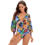 JSN High Quality Print Cut-out One Piece Swimwear Long Sleeve Swimsuit