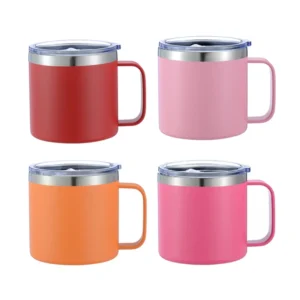 14oz Double Walled Vacuum Insulated Coffee Travel Stainless Steel Car Mug Handle Reusable with Straw