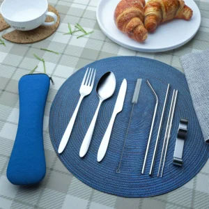 Reusable Tableware Chopsticks Spoon Stainless Steel Flatware Set Metal Straw Portable Travel Cutlery Set