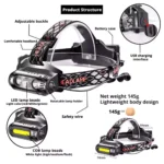 2500 Lumens Brightest Head Lamp IPX4 Headlight for Camping Outdoors 2 in 1 USB Rechargeable Headlamp COB Work Flashlight Torch
