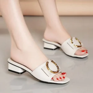 Fashion 2025 Women Chunky Heel Flat Slides slippers slip on PU Leather Shoes Flip Flop Strap Pantuflas