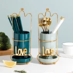 Home Goods Creative Design Cylinder Cutlery Chopstick Storage Holder Kitchen Ceramic Utensils Holder With Drain Basket