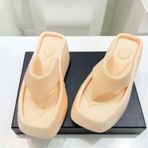 Women Spring Summer Sandals Beach Thick Sole Platform Slippers Slip-on Personalized Square Head High Wedge Flip Flops