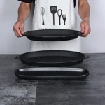 BBQ Party Dinnerware Set Porcelain Rolling Tray with Handle Oval Food Plate Featuring Plant Pattern