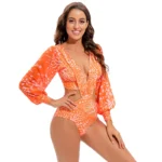 JSN High Quality Print Cut-out One Piece Swimwear Long Sleeve Swimsuit