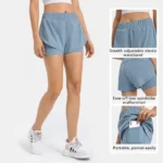 Xsunwing Elastic Drawstring Double Layer Short Women Summer Solid Hot Shorts Breathable Yoga Shorts With Pocket WHRHDK003