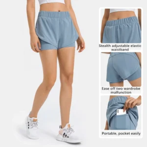Xsunwing Elastic Drawstring Double Layer Short Women Summer Solid Hot Shorts Breathable Yoga Shorts With Pocket WHRHDK003