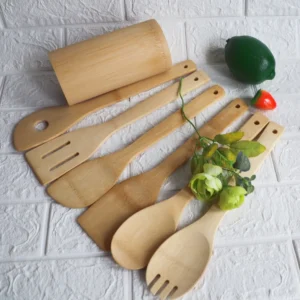 Eco Friendly Reusable Customized  Kitchen Cooking Set  Natural Wood Wooden with Holder Spoons Bamboo Utensils