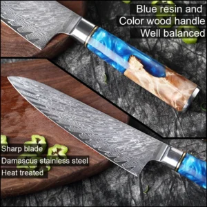 XITUO Damascus Steel Chef's Knife Clad Steel Core Sharp Kitchen Knife & amp; Blue Resin Wood Handle& Gift Box