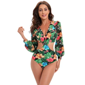 JSN High Quality Print Cut-out One Piece Swimwear Long Sleeve Swimsuit