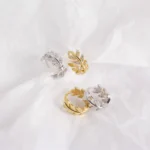 925 Sterling Silver Earrings Elegant Olive Leaf Shape with Shiny Zircon Diamond Gold Plated Hoop Earrings for Women