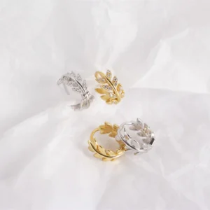 925 Sterling Silver Earrings Elegant Olive Leaf Shape with Shiny Zircon Diamond
