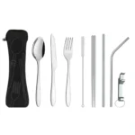 Reusable Tableware Chopsticks Spoon Stainless Steel Flatware Set Metal Straw Portable Travel Cutlery Set