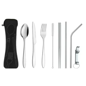 Reusable Tableware Chopsticks Spoon Stainless Steel Flatware Set Metal Straw Portable Travel Cutlery Set