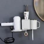 Wall-Mounted Punch-Free Plastic Storage Rack for Home Bathroom Toothpaste Cup Toothbrush Holder with Hair Dryer Organizer