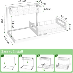 Kitchen Bathroom Cabinet Under the Sink Organizer Sliding Cabinet Basket Organizer Drawer 2 Tier Slide Out Sink Shelf