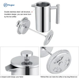 French Press Coffee Maker with Stainless Steel Filter System Handcrafted Coffee for Home Kitchen Use Metal Press with Lid