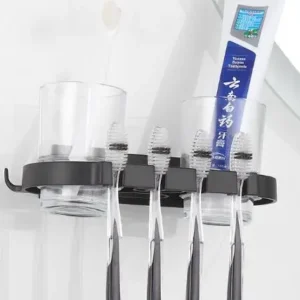 Adhesive Black Aluminum Toothpaste Dispenser Toothbrush Cup Holder Wall Mounted Toothbrush Racks Toothbrush Storage Holder