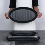 BBQ Party Dinnerware Set Porcelain Rolling Tray with Handle Oval Food Plate Featuring Plant Pattern