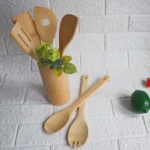 Eco Friendly Reusable Customized  Kitchen Cooking Set  Natural Wood Wooden with Holder Spoons Bamboo Utensils