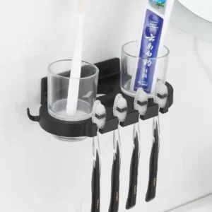 Adhesive Black Aluminum Toothpaste Dispenser Toothbrush Cup Holder Wall Mounted Toothbrush Racks Toothbrush Storage Holder