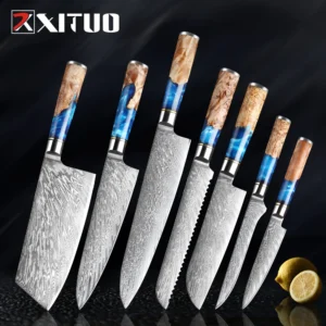XITUO Damascus Steel Chef's Knife Clad Steel Core Sharp Kitchen Knife & amp; Blue Resin Wood Handle& Gift Box
