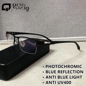 Anti Blue Light Opptical Metal TR90 Half Rim Small Rectangle Kacamata Photocromic Male Man Photogray Anti Reflection Glasses