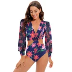 JSN High Quality Print Cut-out One Piece Swimwear Long Sleeve Swimsuit