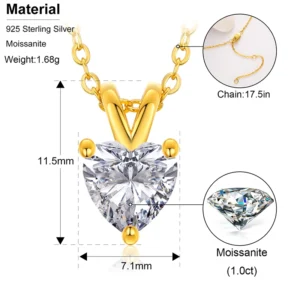 Fine Jewelry 100% 925 Sterling Silver 1ct Heart Cut D Color VVS Moissanite Solitaire Pendant Necklace
