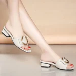 Fashion 2025 Women Chunky Heel Flat Slides slippers slip on PU Leather Shoes Flip Flop Strap Pantuflas