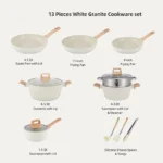 12PCS White Black High Quality Nonstick Medical Stone Wooden Handle Frying Pan Wok Soup Pots Granite Cookware Set