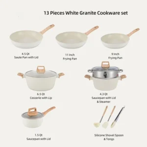 12PCS White Black High Quality Nonstick Medical Stone Wooden Handle Frying Pan Wok Soup Pots Granite Cookware Set