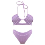 Bikini Halter & amp; Lace up Pleated Swimwear Hollow Front Bathing Suit Crinkle Swimsuits