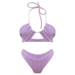 Bikini Halter & amp; Lace up Pleated Swimwear Hollow Front Bathing Suit Crinkle Swimsuits