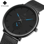WWOOR 8855 Top Mens Luxury Watch Black Dial Quartz Analog Stainless Steel Watch