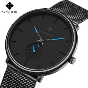 WWOOR 8855 Top Mens Luxury Watch Black Dial Quartz Analog Watch