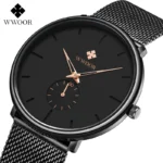 WWOOR 8855 Top Mens Luxury Watch Black Dial Quartz Analog Stainless Steel Watch