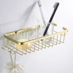 Brushed Gold Wall Mounted Bathroom Organizer Shelf Stainless Steel Shower Storage Rack