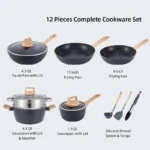 12PCS White Black High Quality Nonstick Medical Stone Wooden Handle Frying Pan Wok Soup Pots Granite Cookware Set