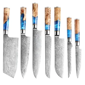 XITUO Damascus Steel Chef's Knife Clad Steel Core Sharp Kitchen Knife & amp; Blue Resin Wood Handle& Gift Box