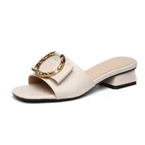 Fashion 2025 Women Chunky Heel Flat Slides slippers slip on PU Leather Shoes Flip Flop Strap Pantuflas