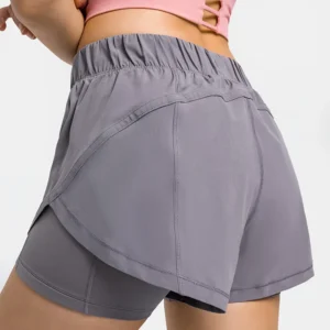 Xsunwing Elastic Drawstring Double Layer Short Women Summer Solid Hot Shorts Breathable Yoga Shorts With Pocket WHRHDK003