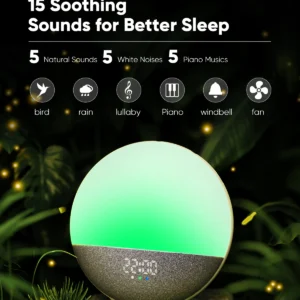 Wake up Light Sunrise Alarm Clock for Kids, Wireless Speaker Sound Machine with 15 White Noise, 3 Alarms, 5 Night Modes,