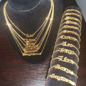 Stainless Steel Gold Plated Chinese Zodiac Sign Pendant Bracelet Necklace Jewelry Set