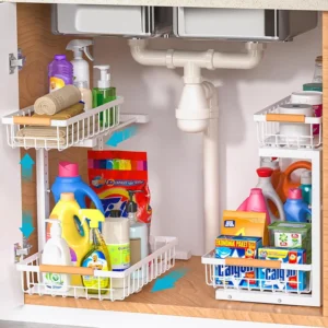 Kitchen Bathroom Metal Sink Storage Shelves Height Adjustable Pull Out Cabinet Organizer 2-tier Under Sink Slide Out Organizer